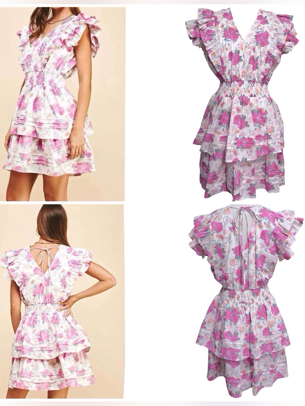 Pinch Pink White Floral Ruffle Tiered Mini Smocked Dress 100% Cotton Size Medium